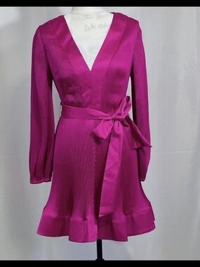 Milly Fuchsia Long-Sleeve Wrap Dress with Tie Waist